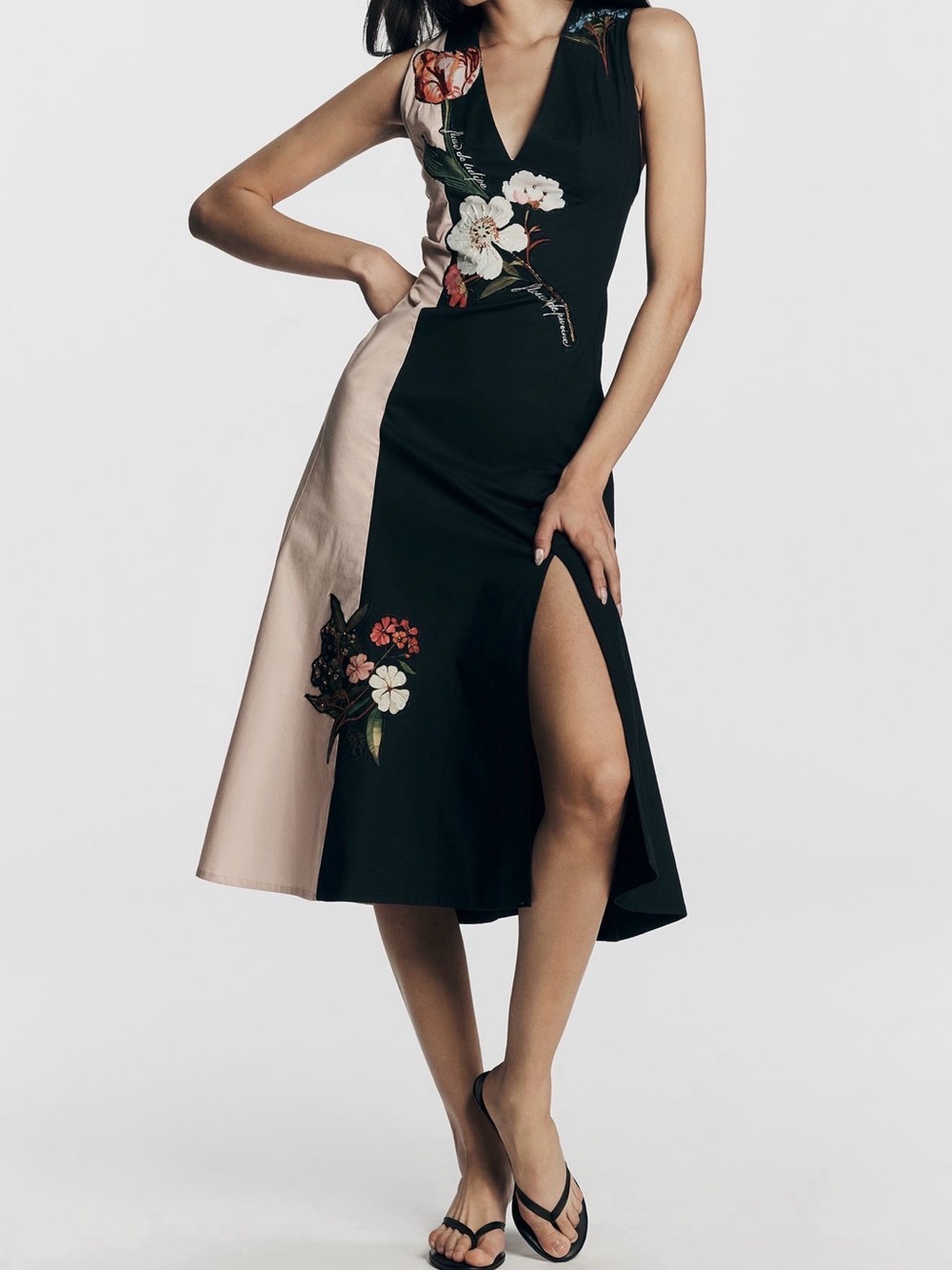 Anthropologie Black and Beige Sleeveless Midi Dress with Side Panel